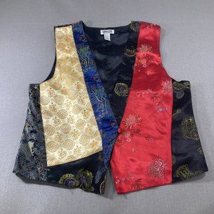 Chico's Vintage Asian Print Satin Vest 2 Patchwork Waistcoat Red Gold Black